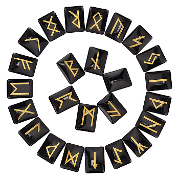 Synthetic Quartz Cabochons, Rectangle with Runes/Futhark/Futhorc, Black, 19x14x6mm, 25pcs/set