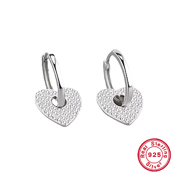 Rhodium Plated 925 Sterling Silver Micro Pave Cubic Zirconia Dangle Hoop Earrings, Heart, Platinum, 11.50mm