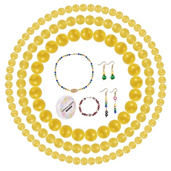 DIY Round Cat Eye Beads Bracelet Making Kit, Including Round Cat Eye Beads, Elastic Thread, Yellow, Beads: 175pcs/set