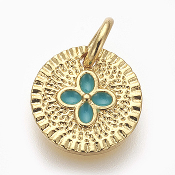 Brass Enamel Charms, Lead Free & Cadmium Free, Flat Round with Flower, Dark Turquoise, Golden, 10x1.5mm, Hole: 3mm