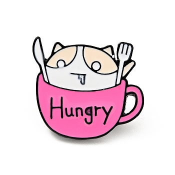 Coffee Cup Cat Enamel Pin, Word Hungry Alloy Badge for Backpack Clothes, Electrophoresis Black, Fuchsia, 23x26x2mm