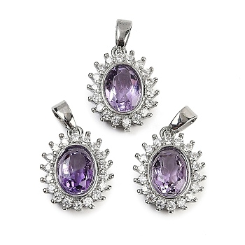 Natural Amethyst Pendants, with Brass Findings and Cubic Zirconia, Rack Plating, Oval, 15x12x4.5~5mm, Hole: 4.5x2.7mm