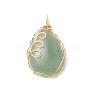 Natural Green Aventurine Copper Wire Wrapped Pendants, Teardrop Charms, Golden, 33x20x19mm, Hole: 3.5x3mm(PALLOY-JF02017-03)