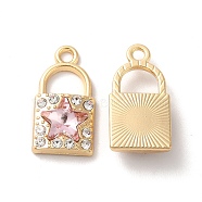 Pink Glass Pandants, with Rack Plating Alloy Findings and Rhinedstone, Nickel Free, Padlock with Star Charms, Golden, 20x10.5x4mm, Hole: 2mm(PALLOY-O106-02G)