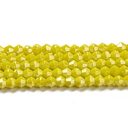 Opaque Solid Color Electroplate Glass Beads Strands, Pearl Luster Plated, Faceted, Bicone, Yellow, 4x4mm, Hole: 0.8mm, about 87~98pcs/strand, 12.76~14.61 inch(32.4~37.1cm)(GLAA-F029-P4mm-C05)