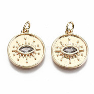Brass Micro Pave Clear Cubic Zirconia Pendants, Nickel Free, Flat Round with Eye, Real 18K Gold Plated, 17x15x2mm, Jump Ring: 5x0.7mm, 3mm inner diameter(KK-S356-227G-NF)