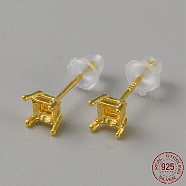 925 Sterling Silver Stud Earring Findings, 4 Claws Blank Earring Post, Golden, Tray: 3x3mm, 5x4mm, Pin: 11x0.8mm(FIND-WH0148-088A-G)