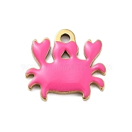 Ion Plating(IP) 201 Stainless Steel Charms, with Enamel, Real 18K Gold Plated, Sea Animal, Crab Charm, Hot Pink, 11x12x1.3mm, Hole: 1.4mm(X-STAS-A101-01A-02G)