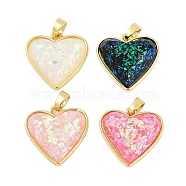 Rack Plating Brass Pendants, with with Resin Imitation Opal, Long-Lasting Plated, Cadmium Free & Lead Free,  Real 18K Gold Plated, Heart, Mixed Color, 17x18x6mm, Hole: 4x2.5mm(KK-C082-14G)