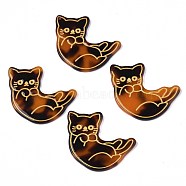 Cellulose Acetate(Resin) Pendants, with Glitter Powder, Cat, Saddle Brown, 39x35x2.5mm, Hole: 1.5mm(RESI-T051-03A)