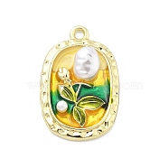 Alloy Enamel Pendants, with Plastic Imitation Pearl, Oval with Flower Charm, Golden, 26.5x17x5mm, Hole: 2mm(ENAM-R001-02G-02)