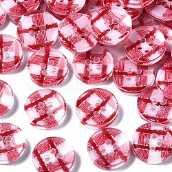 Resin Buttons, 4-Hole, Flat Round with Tartan Pattern, FireBrick, 13x2.5mm, Hole: 1.6mm(X-BUTT-N017-01E)