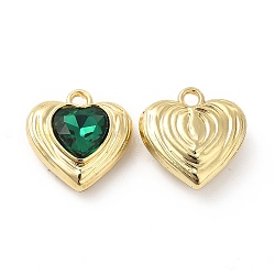 Rack Plating Alloy Glass Pendants, Cadmium Free & Lead Free, Heart Charms, Light Gold, Dark Green, 16.5x16x7mm, Hole: 2mm(FIND-G044-26LG-02)