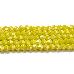 Opaque Solid Color Electroplate Glass Beads Strands, Pearl Luster Plated, Faceted, Bicone, Yellow, 4x4mm, Hole: 0.8mm, about 82~85pcs/strand, 30.5~31cm(GLAA-F029-P4mm-C05)