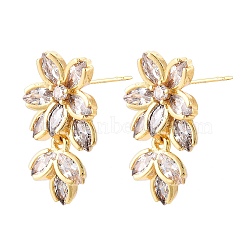 Flower Glass Brass Stud Earrings, Leaf Dangle Earrings for Women, Real 18K Gold Plated, 24x14mm(EJEW-N054-63G)