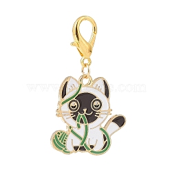 Cat with Yarn Ball Alloy Enamel Pendants Decorations, Lobster Clasp Charms, for Keychain, Purse, Backpack Ornament, Golden, White, 43mm, Pendant: 25x25x1.5mm(HJEW-JM00828)