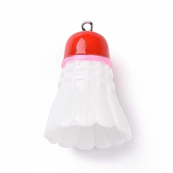 Sport Ball Theme Opaque Resin Pendants, Badminton Charms, with Platinum Plated Iron Loops, Red, 37.5x26mm, Hole: 2mm