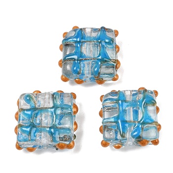 Handmade Gold Sand Lampwork Beads, Hand Painted Beads, Square, with Enamel, Deep Sky Blue, 19~19.5x20x7~8mm, Hole: 1.2~1.6mm