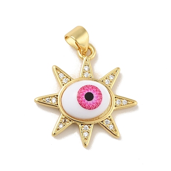 Brass Micro Pave Cubic Zirconia Pendants, with Acrylic, Cadmium Free & Lead Free, Long-Lasting Plated, Real 18K Gold Plated, Sun with Evil Eye, Deep Pink, 21x21.5x5mm, Hole: 4x3.5mm