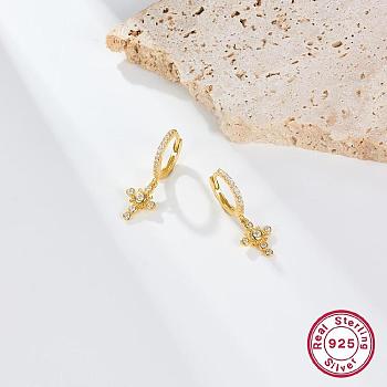 Cubic Zirconia Cross Dangle Hoop Earrings for Women, 925 Sterling Silver Jewelry, Real 18K Gold Plated, 22x11mm