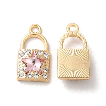 Pink Glass Pandants, with Rack Plating Alloy Findings and Rhinedstone, Nickel Free, Padlock with Star Charms, Golden, 20x10.5x4mm, Hole: 2mm