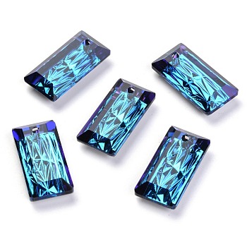 Embossed Glass Rhinestone Pendants, Rectangle, Faceted, Bermuda Blue, 20x10x5mm, Hole: 1.6mm