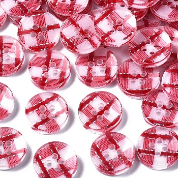 Resin Buttons, 4-Hole, Flat Round with Tartan Pattern, FireBrick, 13x2.5mm, Hole: 1.6mm