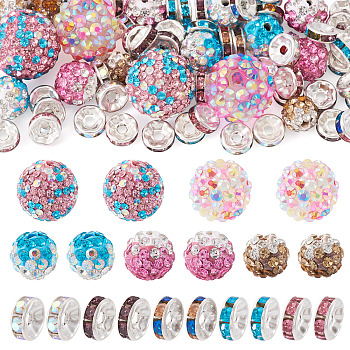 66Pcs 5 Styles Polymer Clay Pave Rhinestone Beads, with Brass Rhinestone Spacer Beads, Mixed Color, 16mm, Hole: 1.6~2mm