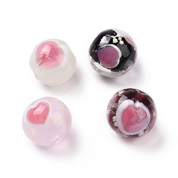 Handmade Lampwork Beads, Round with Heart Pattern, Mixed Color, 12x11.5mm, Hole: 1.8mm