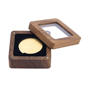 Square Wood Magnetic Commemorative Coin Display Boxes, Jewelry Storage Gift Case with EVA Window, Camel, 6.8x6.8x3.25cm