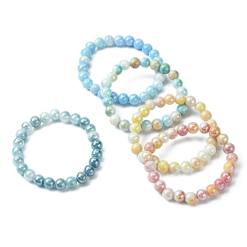 Electroplated Glass Bead Stretch Bracelets for Women, Round, Mixed Color, Inner Diameter: 1-3/4~2 inch(4.6~5.1cm)