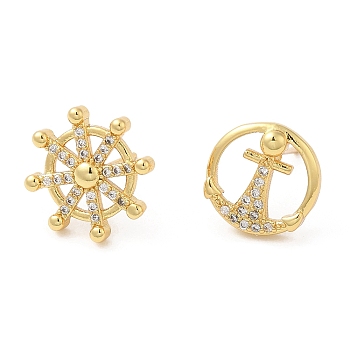 Rack Plating Brass Anchor & Helm Asymmetrical Earrings, Stud Earrings with Cubic Zirconia, Lead Free & Cadmium Free, Real 18K Gold Plated, 12~14x12~14mm