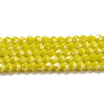Opaque Solid Color Electroplate Glass Beads Strands, Pearl Luster Plated, Faceted, Bicone, Yellow, 4x4mm, Hole: 0.8mm, about 87~98pcs/strand, 12.76~14.61 inch(32.4~37.1cm)