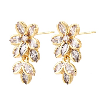 Flower Glass Brass Stud Earrings, Leaf Dangle Earrings for Women, Real 18K Gold Plated, 24x14mm