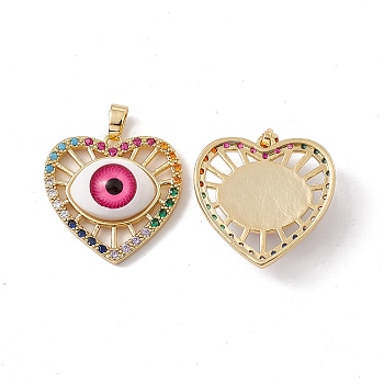 Brass Micro Pave Cubic Zirconia Pendants, with Resin Evil Eye, Heart Charm, Real 18K Gold Plated, 23.5x24x8mm, Hole: 5x2.5mm