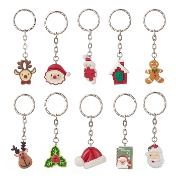 Christmas Theme Resin Pendant Keychain, with Iron Keychain Clasp, Mixed Shapes, Mixed Color, 8.2cm, 10pcs/set