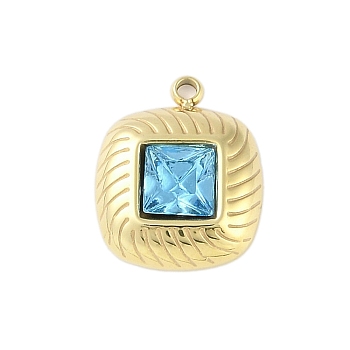 Glass Pendants, with Ion Plating(IP) 304 Stainless Steel Findings, Manual Polishing, Real 18K Gold Plated, Square Charms, Light Sky Blue, 14.5x12x3mm, Hole: 1.4mm