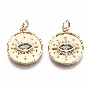 Brass Micro Pave Clear Cubic Zirconia Pendants, Nickel Free, Flat Round with Eye, Real 18K Gold Plated, 17x15x2mm, Jump Ring: 5x0.7mm, 3mm inner diameter