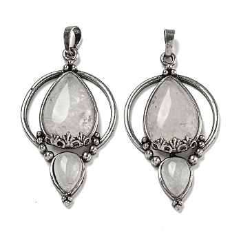 Natural Quartz Crystal Pendants, Rack Plating Brass Teardrop Charms, Antique Silver, Cadmium Free & Lead Free, 49.5x28x7mm, Hole: 8x5mm