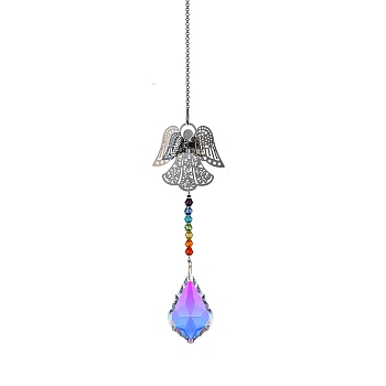 Glass Leaf Sun Catcher Hanging Prism Ornaments with Iron Angel, for Home, Garden, Ceiling Chandelier Decoration, 400mm