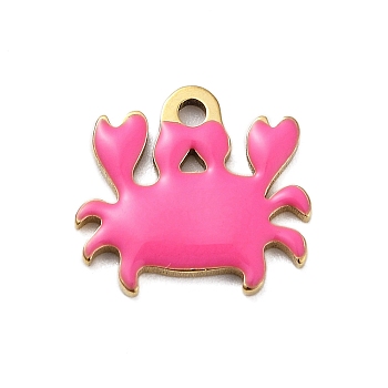 Ion Plating(IP) 201 Stainless Steel Charms, with Enamel, Real 18K Gold Plated, Sea Animal, Crab Charm, Hot Pink, 11x12x1.3mm, Hole: 1.4mm