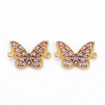 Brass Cubic Zirconia Links Connectors, Nickel Free, Butterfly, Lilac, Real 18K Gold Plated, 13x18x2.5mm, Hole: 1mm