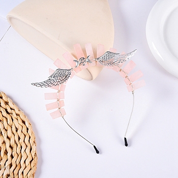 Hollow Triple Moon with Wing Metal Crown Hair Bands, Raw Natural Rose Quartz Wrapped Hair Hoop for Women Girl, 180x150x15mm