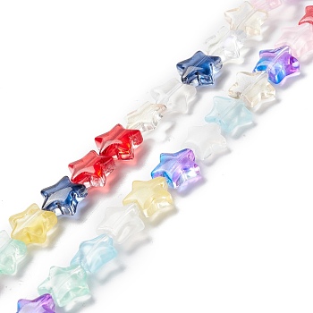 Transparent Glass Beads Strand, Star, Colorful, 10x10x4mm, Hole: 0.8mm, about 40pcs/strand, 13.39~14.17 inch(34~36cm)
