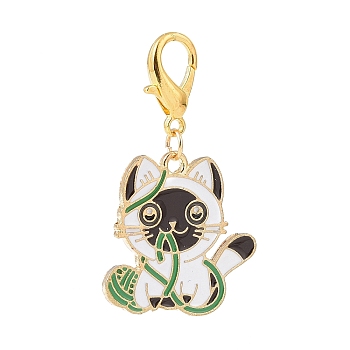Cat with Yarn Ball Alloy Enamel Pendants Decorations, Lobster Clasp Charms, for Keychain, Purse, Backpack Ornament, Golden, White, 43mm, Pendant: 25x25x1.5mm