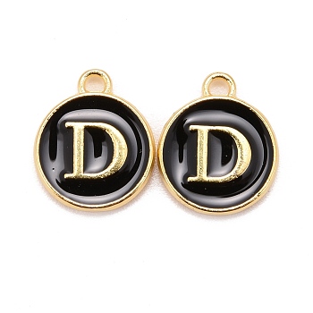 Golden Plated Alloy Charms, Cadmium Free & Lead Free, with Enamel, Enamelled Sequins, Flat Round with Letter, Black, Letter.D, 14x12x2mm, Hole: 1.5mm