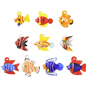 10Pcs 10 Styles Handmade Lampwork Pendants, Fish, Mixed Color, 25.5~38x23~38x9.5~19mm, Hole: 1.2~5.5mm, 1pc/style