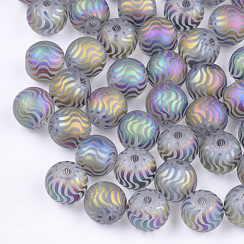 Electroplate Glass Beads, Frosted, Round with Wave Pattern, Colorful, 8~8.5mm, Hole: 1.5mm