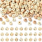 310Pcs 27 Styles Printed Natural Wood Beads, Horizontal Hole, Cube with Initial Letter and Round, Letter A~Z, 10~12x10~12x10~11mm, Hole: 3~3.5mm(WOOD-YW0001-84)