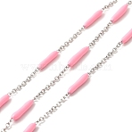 Enamel Column Link Chains, with 304 Stainless Steel Cable Chains, Unwelded, with Spool, Pink, 14~17x2~3mm and 1.5x2x0.5mm, about 32.81 Feet(10m)/Roll(STAS-P301-03P-08)